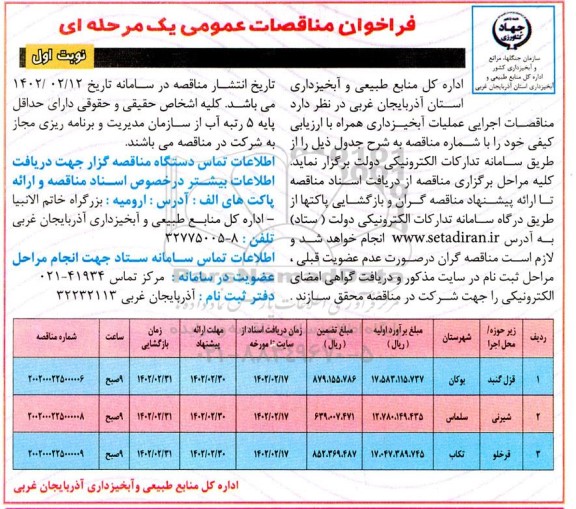  مناقصه اجرایی عملیات آبخیزداری