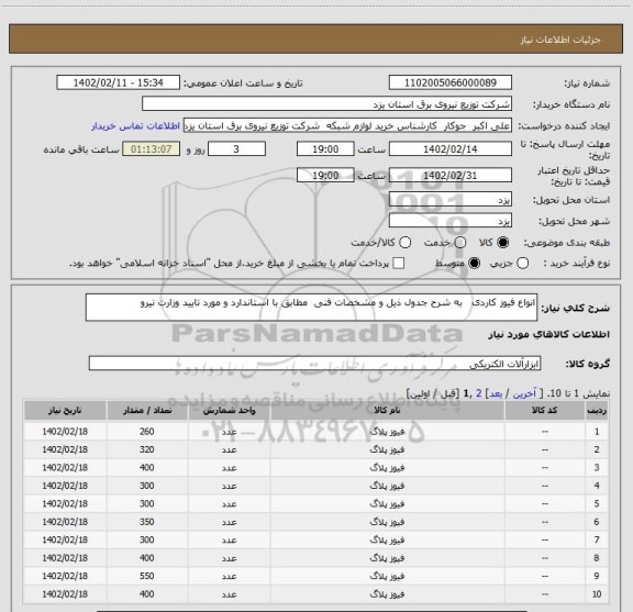 استعلام انواع فیوز کاردی   به شرح جدول ذیل و مشخصات فنی  مطابق با استاندارد و مورد تایید وزارت نیرو