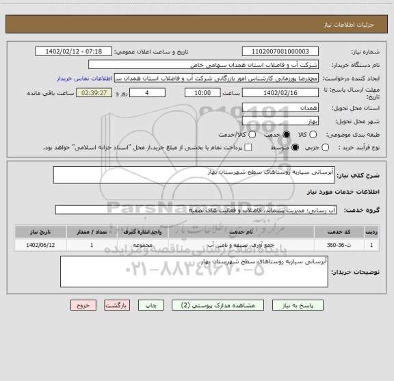 استعلام آبرسانی سیاربه روستاهای سطح شهرستان بهار