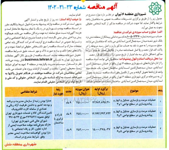 مناقصه عملیات مرمت و بازسازی جداول و انهار و پیاده روسازی در سطح نواحی 1 و 3