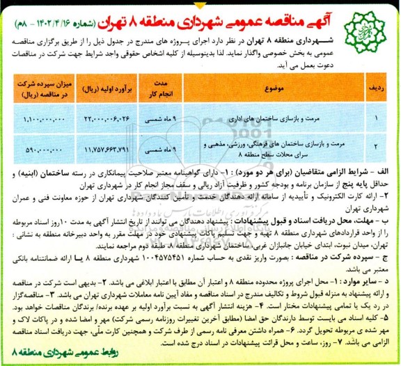 مناقصه مرمت و بازسازی ساختمان های اداری....