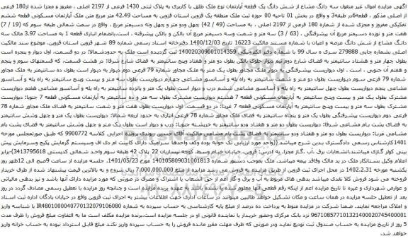 آگهی مزایده سه دانگ مشاع از شش دانگ یک قطعه آپارتمان نوع ملک طلق با کاربری به پلاک ثبتی 1430 فرعی از 2197 اصلی ، مفروز و مجزا شده از180 فرعی از اصلی