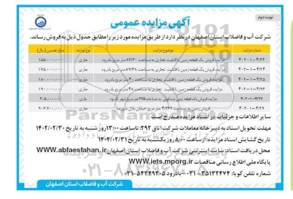 مزایده فروش یک قطعه زمین با قابلیت تجاری، مسکونی... نوبت دوم