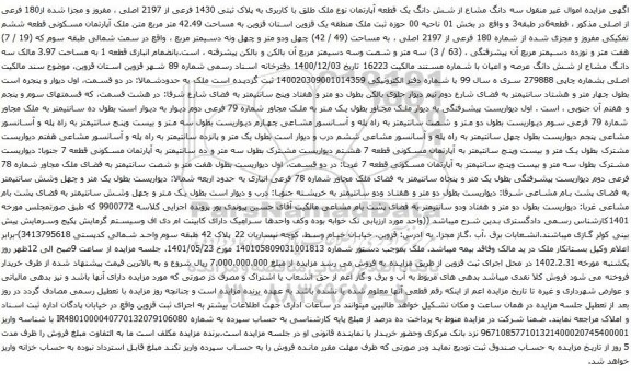 آگهی مزایده سه دانگ مشاع از شش دانگ یک قطعه آپارتمان نوع ملک طلق با کاربری به پلاک ثبتی 1430 فرعی از 2197 اصلی