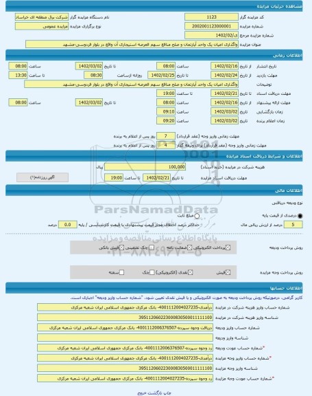 مزایده ، واگذاری اعیان یک واحد آپارتمان و صلح منافع سهم العرصه استیجاری آن واقع در بلوار فردوسی-مشهد  -مزایده آپارتمان  - استان