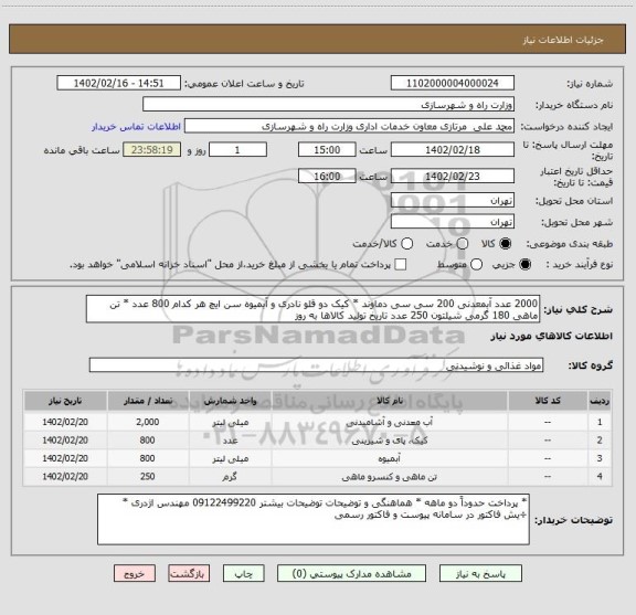 استعلام 2000 عدد آبمعدنی 200 سی سی دماوند * کیک دو قلو نادری و آبمیوه سن ایچ هر کدام 800 عدد * تن ماهی 180 گرمی شیلتون 250 عدد تاریخ تولید کالاها به روز