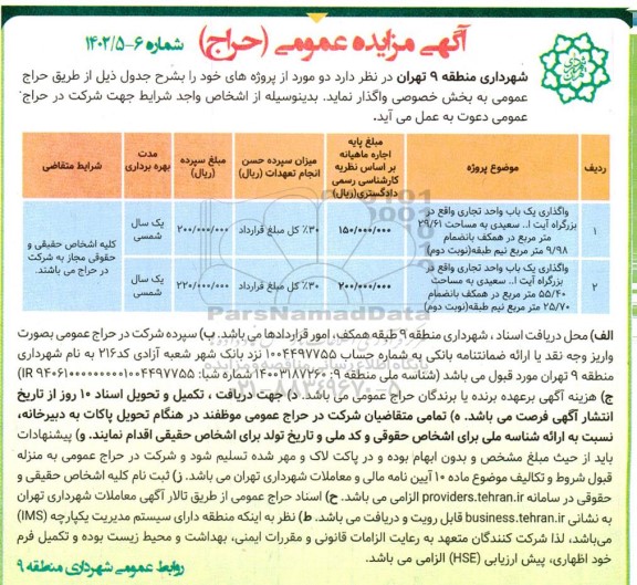 مزایده واگذاری دو باب واحد تجاری 