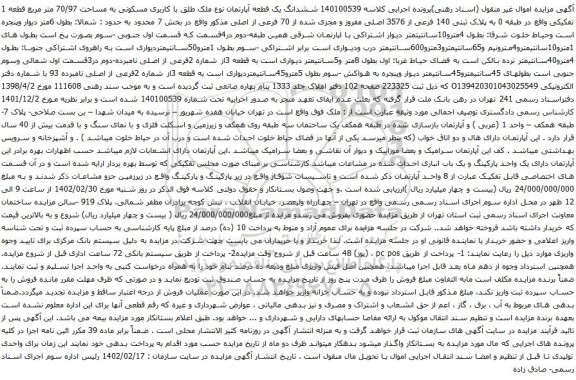 آگهی مزایده ششدانگ یک قطعه آپارتمان نوع ملک طلق با کاربری مسکونی به مساحت 70/97 متر مربع