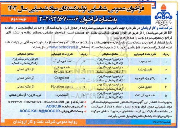 فراخوان عمومی شناسایی تولیدکنندگان مواد شیمیایی  شامل ضد رسوب، اکسیژن زدا و... - نوبت دوم