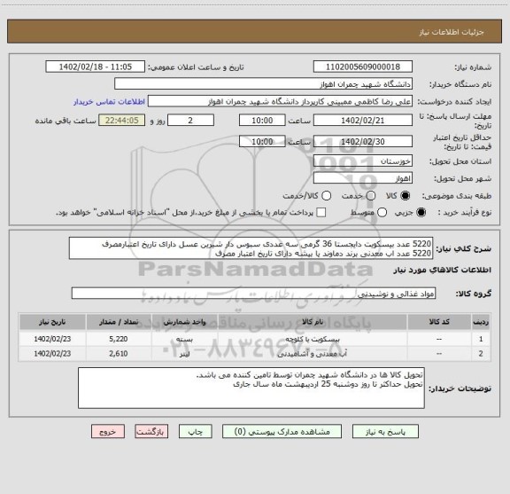 استعلام 5220 عدد بیسکویت دایجستا 36 گرمی سه عددی سبوس دار شیرین عسل دارای تاریخ اعتبارمصرف
5220 عدد اب معدنی برند دماوند یا بیشه دارای تاریخ اعتبار مصرف