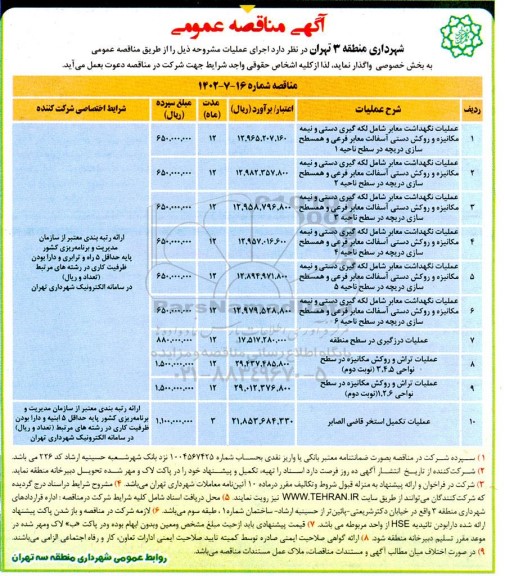 مناقصه عملیات نگهداشت معابر شامل لکه گیری دستی و نیمه مکانیزه و ....