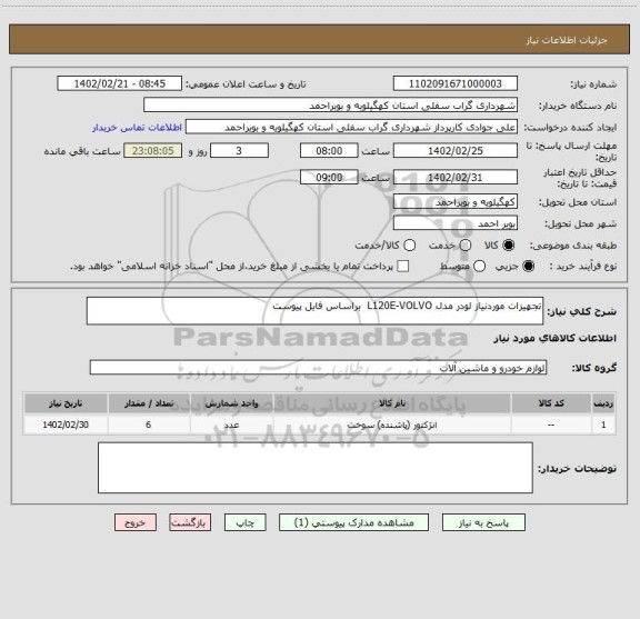 استعلام تجهیزات موردنیاز لودر مدل L120E-VOLVO  براساس فایل پیوست