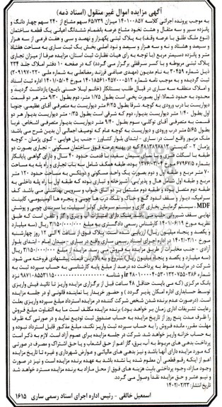  مزایده یک قطعه ساختمان به پلاک ثبتی یکهزار و نهصد و سی و هفت فرعی از سه هزار و سیصد و هشتاد و نه و سه هزار 