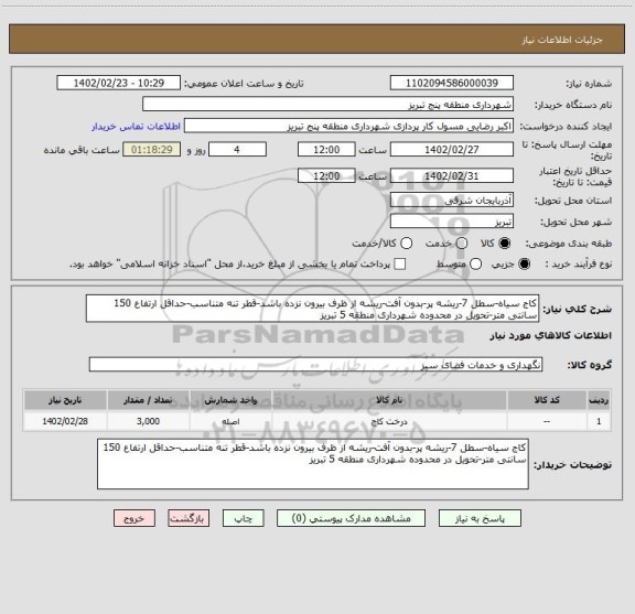 استعلام کاج سیاه-سطل 7-ریشه پر-بدون آفت-ریشه از ظرف بیرون نزده باشد-قطر تنه متناسب-حداقل ارتفاع 150 سانتی متر-تحویل در محدوده شهرداری منطقه 5 تبریز