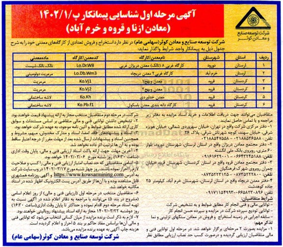  مزایده و مناقصه استخراج و فروش تعدادی از معادن و کارگاه های معدنی