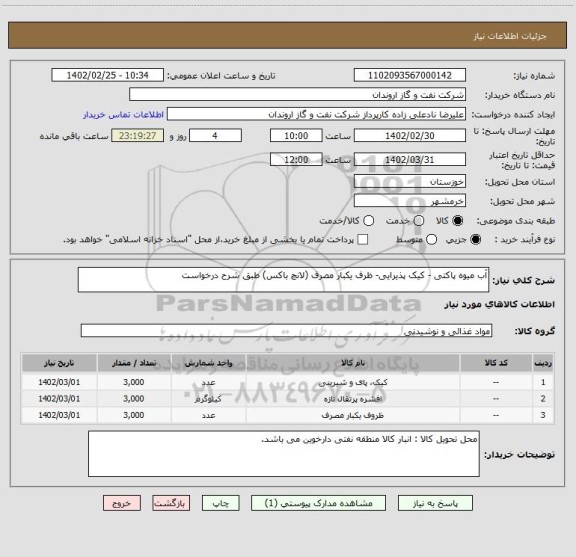 استعلام آب میوه پاکتی - کیک پذیرایی- ظرف یکبار مصرف (لانچ باکس) طبق شرح درخواست