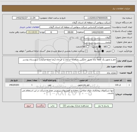 استعلام حفر و تجهیز یک حلقه چاه عمیق جایگزین رضامحله مرکزی و  لزرجان (رضا محله مرکزی) شهرستان رودسر