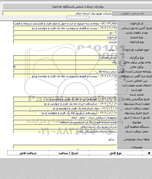 مزایده, تجدید مزایده فروش ۲۵ تن سیم مسی اسقاط