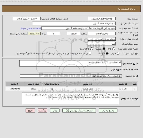 استعلام استعلام خرید گل ناز صورتی و غیره