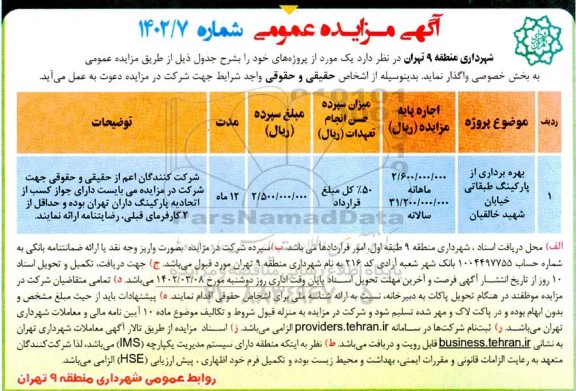 مزایده بهره برداری از پارکینگ طبقاتی