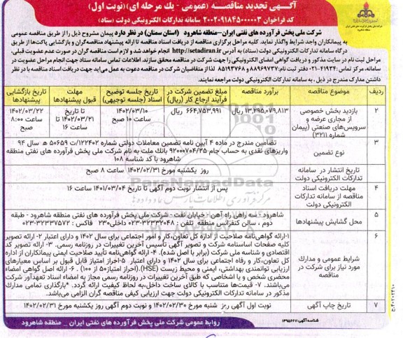 تجدید مناقصه بازدید بخش خصوصی از مجاری عرضه و سرویس های صنعتی