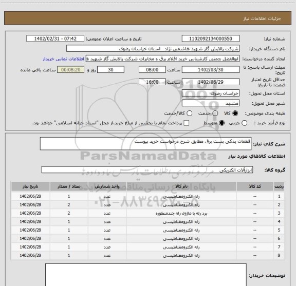 استعلام قطعات یدکی پست برق مطابق شرح درخواست خرید پیوست