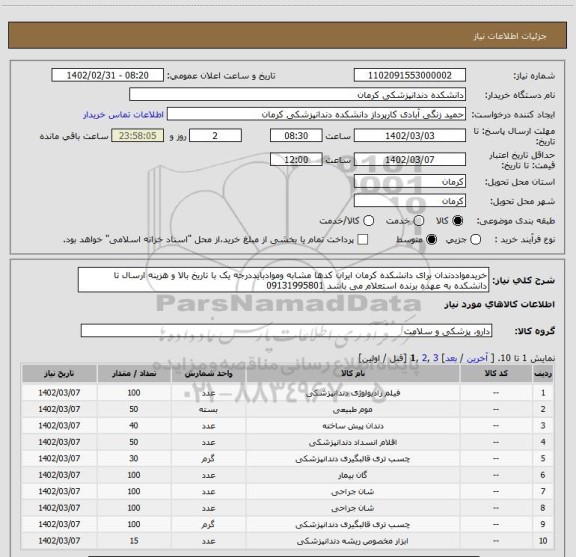 استعلام خریدمواددندان برای دانشکده کرمان ایران کدها مشابه وموادبایددرجه یک با تاریخ بالا و هزینه ارسال تا دانشکده به عهده برنده استعلام می باشد 09131995801