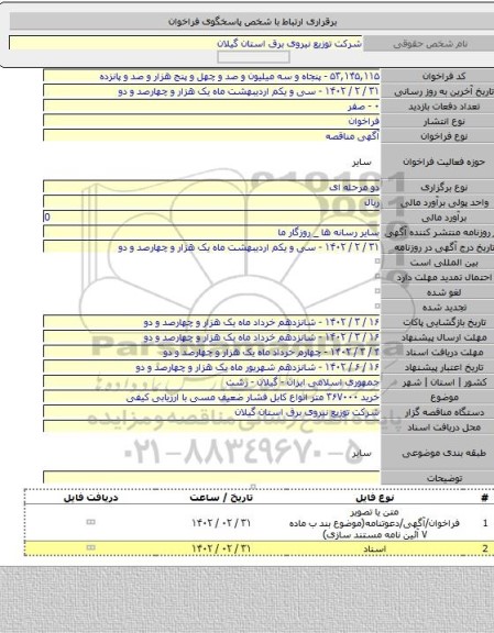 مناقصه, خرید ۳۶۷۰۰۰ متر انواع کابل فشار ضعیف مسی با ارزیابی کیفی