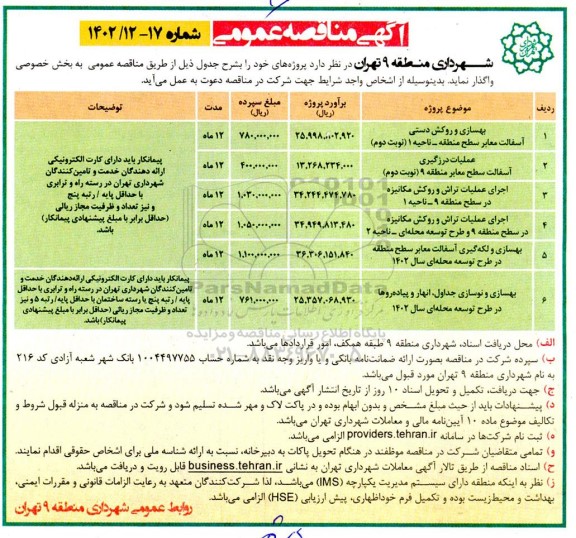 مناقصه بهسازی و روکش دستی آسفالت معابر سطح ... 