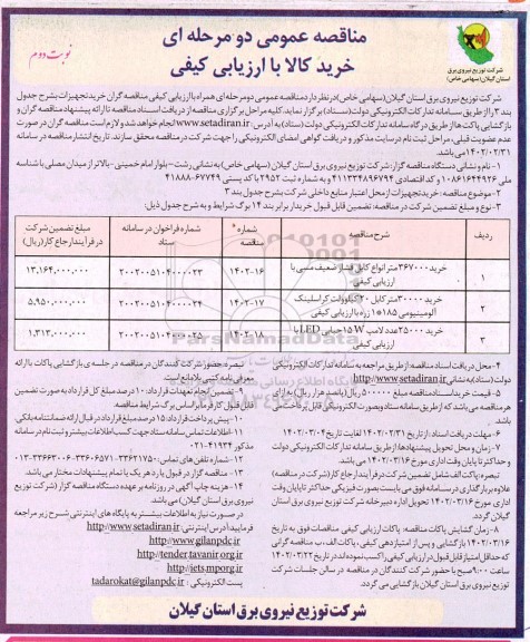 مناقصه عمومی خرید 367000 متر انواع کابل فشار ضعیف مسی با ارزیابی کیفی و ...نوبت دوم 