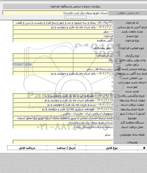 مناقصه, تجدید ترمیم خسارات ناشی از سیل و مقاوم سازی شبکه توزیع برق محور کندوان