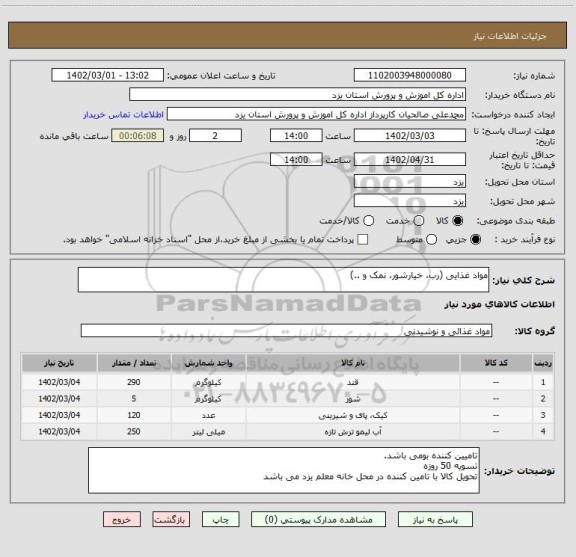 استعلام مواد غذایی (رب، خیارشور، نمک و ..)