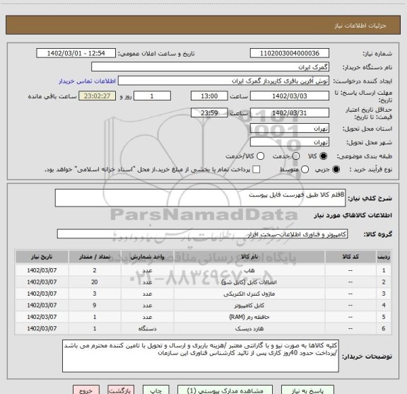 استعلام 8قلم کالا طبق فهرست فایل پیوست