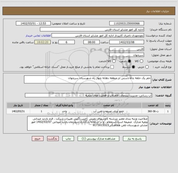 استعلام حفر یک حلقه چاه دستی در منطقه دهانه چهار راه شهرستان سرچهان