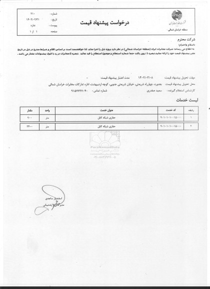 استعلام حفاری شبکه کابل 