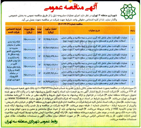 مناقصه عملیات نگهداشت معابر شامل لکه گیری دستی و نیمه مکانیزه و ....