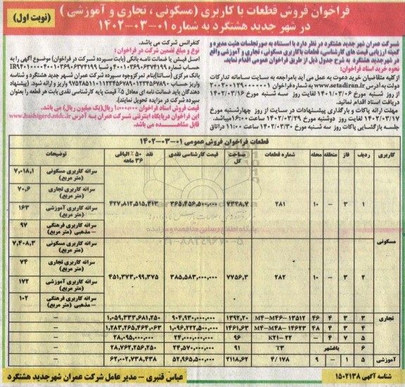 فراخوان فروش قطعات با کاربری (مسکونی، تجاری و آموزشی) 