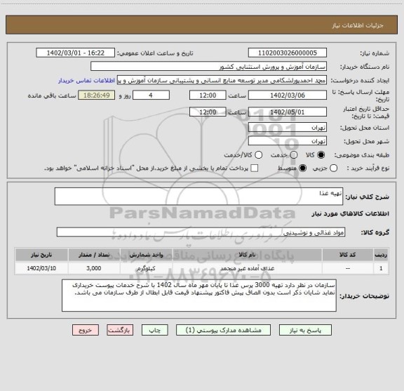 استعلام تهیه غذا