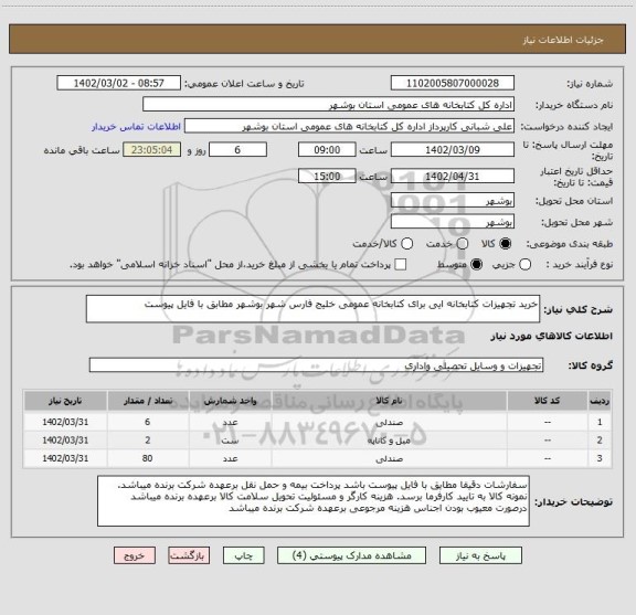 استعلام خرید تجهیزات کتابخانه ایی برای کتابخانه عمومی خلیج فارس شهر بوشهر مطابق با فایل پیوست