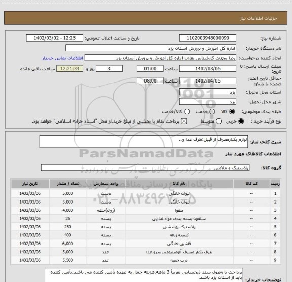 استعلام لوازم یکبارمصرف از قبیل:ظرف غذا و..