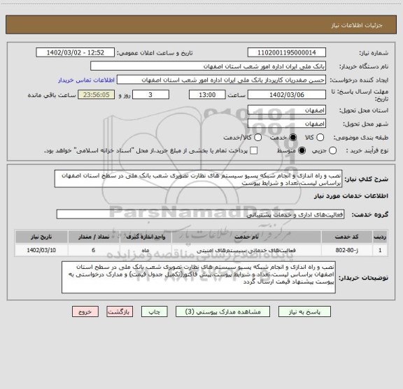 استعلام نصب و راه اندازی و انجام شبکه پسیو سیستم های نظارت تصویری شعب بانک ملی در سطح استان اصفهان براساس لیست،تعداد و شرایط پیوست