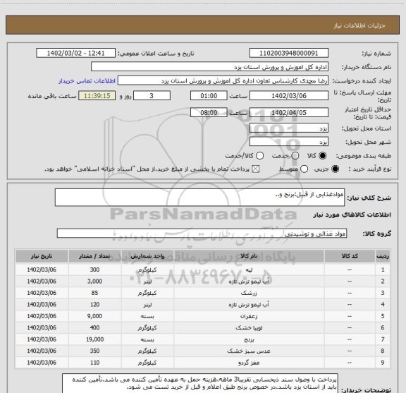 استعلام موادغذایی از قبیل:برنج و..