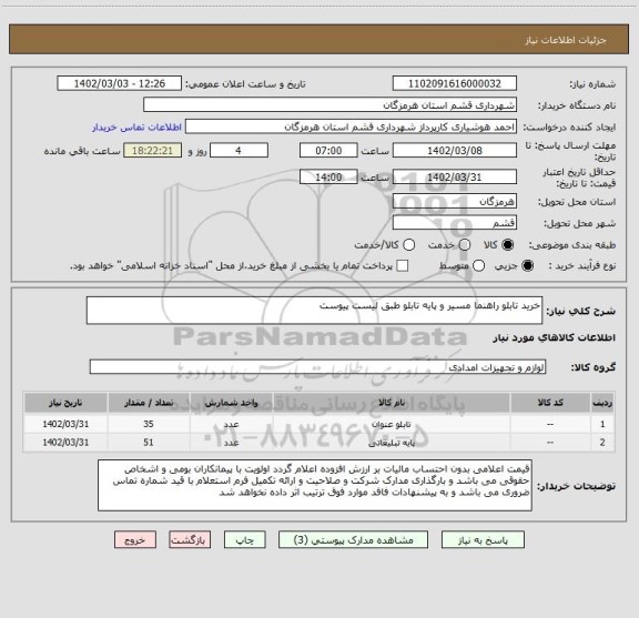 استعلام خرید تابلو راهنما مسیر و پایه تابلو طبق لیست پیوست