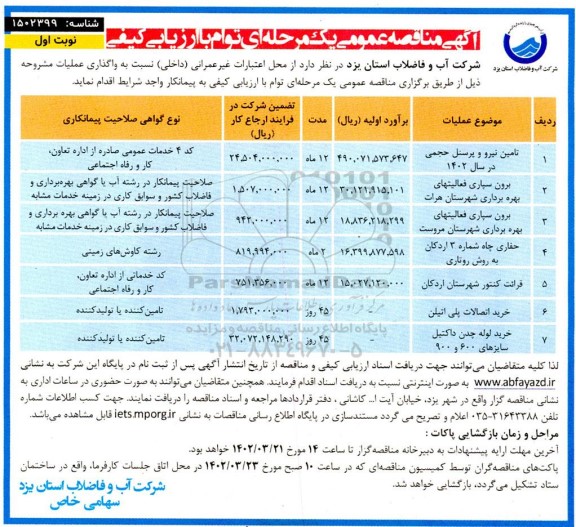 مناقصه تامین نیرو و پرسنل حجمی در سال 1402 و ...