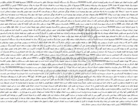 آگهی مزایده ششدانگ یک دستگاه آپارتمان نوع ملک طلق به مساحت 128/28 مترمربع قطعه 22 تفکیکی