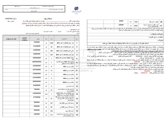 استعلام خرید ملزومات طرح ترمیم فاز یک کابل سرقتی...