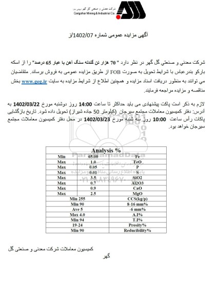 مناقصه و مزایده 70 هزار تن گندله سنگ آهن با عيار 65 درصد