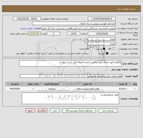 استعلام واگزاری امور خدمات مرکز رفاهی اندیشه کرمان طبق لیست پیوست