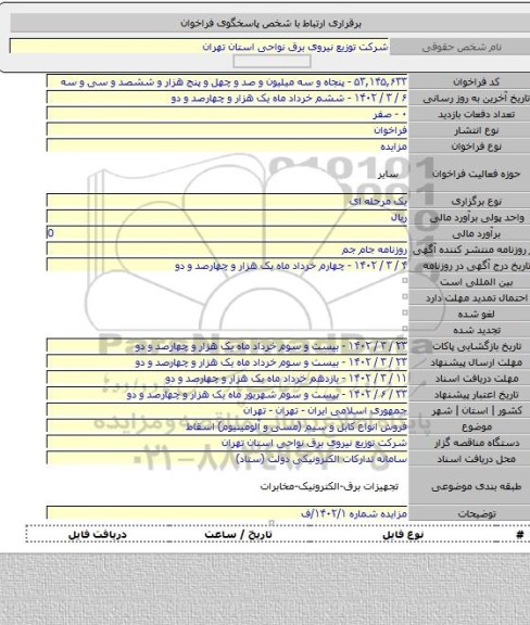 مزایده, فروش انواع کابل و سیم (مسی و آلومینیوم) اسقاط