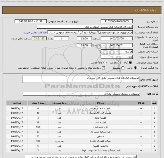 استعلام تجهیزات کتابخانه های عمومی طبق فایل پیوست